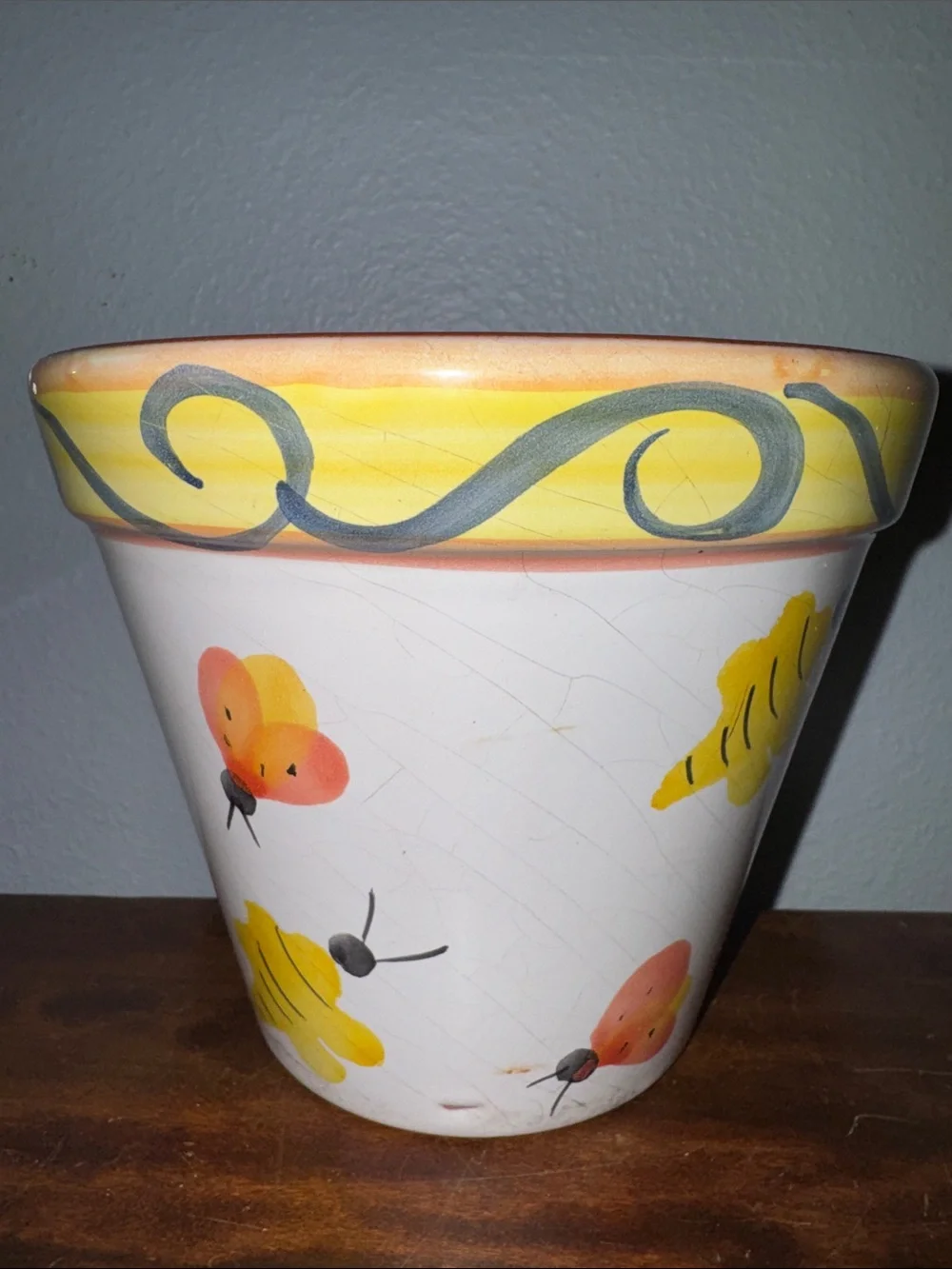 Vintage Hand-Painted Portuguese Ceramic Flower Pot/Planter Bees Ladybugs